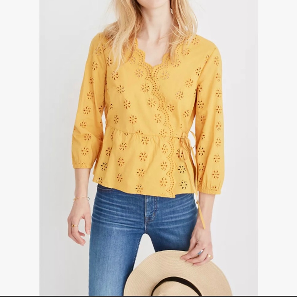 💛🌻💛Madewell💛🌻💛. M, mustard yellow, eyelet, wrap, 3/4 length sleeve. EUC!